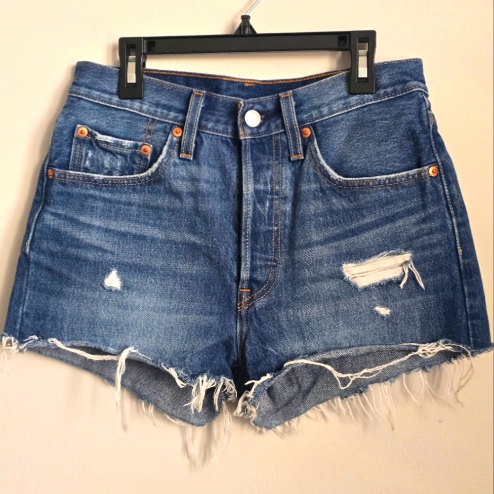 Levi's High Rise Distressed Denim Shorts - Blue